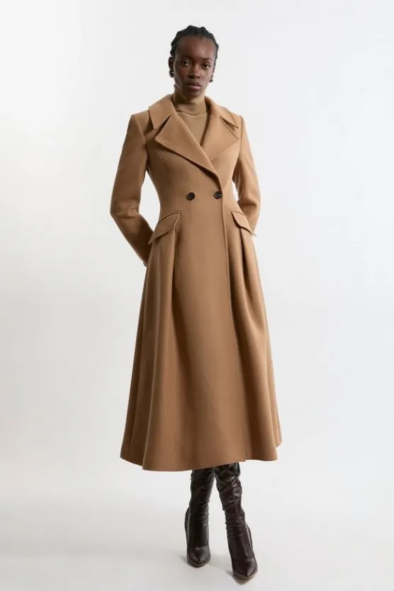 Karen Millen Petite Premium Italian Manteco Wool Tailored Flared Skirt Maxi Coat camel Best