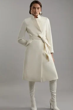 Karen Millen Petite Premium Italian Manteco Wool Investment Notch Neck Tailored Midi Coat ivory Hot