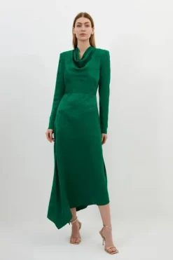 Karen Millen Petite Premium Jacquard Cowl Long Sleeve Woven Midi Dress green Clearance