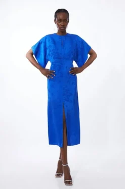 Karen Millen Petite Premium Jacquard Woven Midaxi Sleeve Dress blue Best