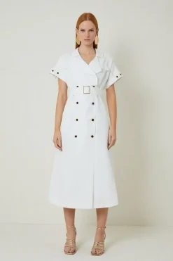 Karen Millen Petite Premium Linen Viscose Tailored Double Breasted Belt Midi Shirt Dress ivory New