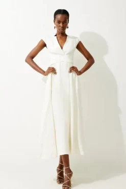 Karen Millen Petite Premium Linen V Neck Wrap Detail Woven Midi Dress ivory Best