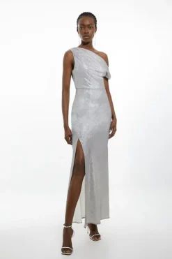 Karen Millen Petite Premium Metallic Ruched One Shoulder Maxi Dress silver Outlet
