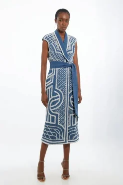 Karen Millen Petite Premium Pearl Embellished Woven Blazer Midi Dress denim Best