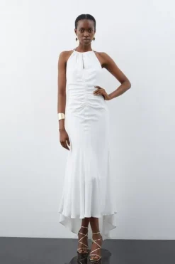Karen Millen Petite Premium Ruched Halter Strappy Maxi Dress ivory Fashion