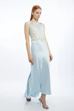 Karen Millen Petite Premium Satin And Guipure Lace Woven Maxi Dress blue New