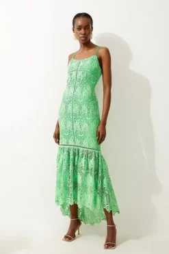 Karen Millen Petite Premium Satin Guipure Lace Strappy Maxi Dress green Clearance