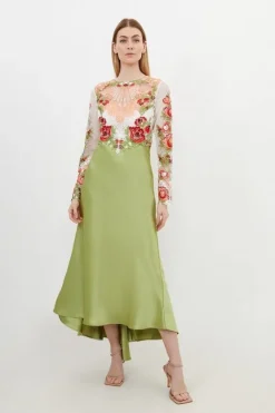 Karen Millen Petite Premium Satin Guipure Lace Maxi Dress sage Discount
