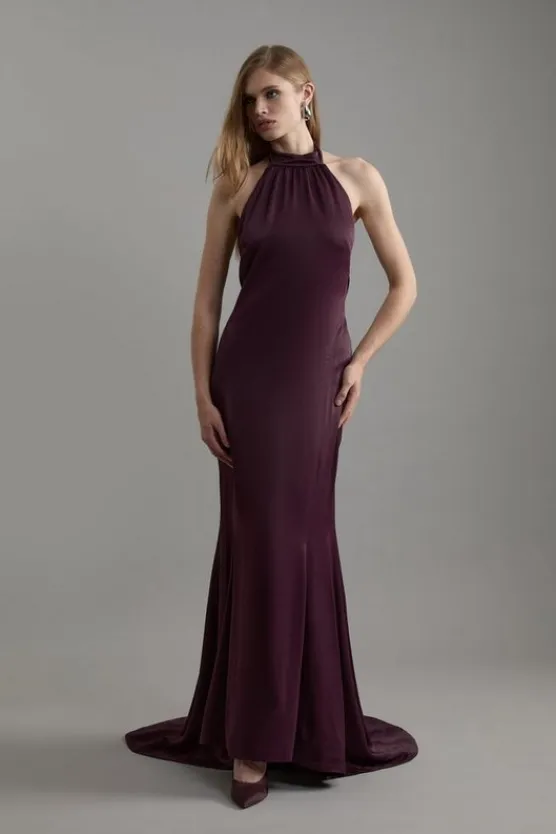 Karen Millen Petite Premium Satin Halter Neck Tailored Maxi Dress plum Online