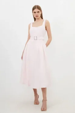 Karen Millen Petite Premium Tailored Linen Square Neck Belted Midi Dress blush New