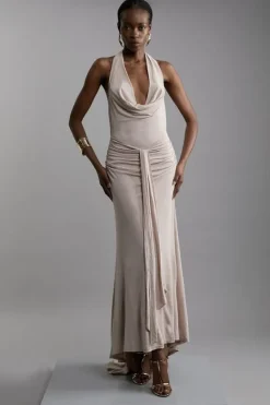Karen Millen Petite Premium Viscose Jersey Crepe Cowl Neck Maxi Dress stone Hot