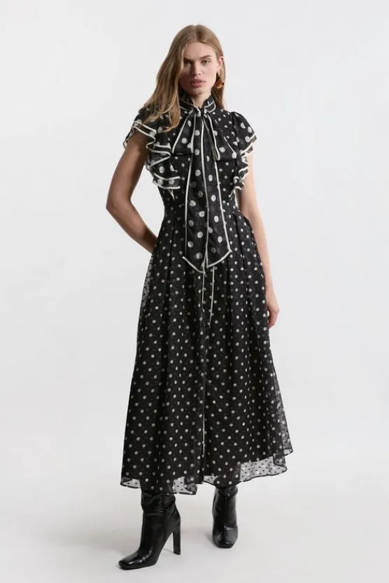 Karen Millen Petite Printed Dobby Ruffle Midi Dress mono New
