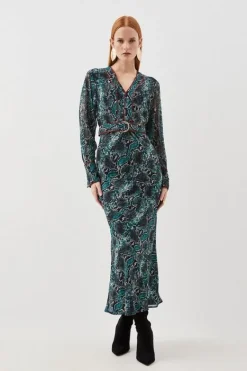 Karen Millen Petite Printed Georgette Woven Maxi Dress With Scarf Detail snake New