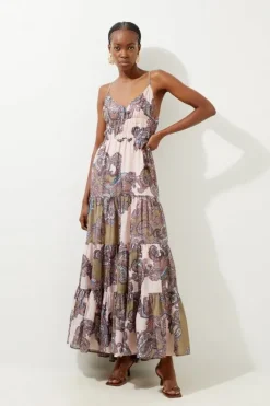 Karen Millen Petite Printed Paisley Maxi Cotton Woven Sun Dress olive Hot