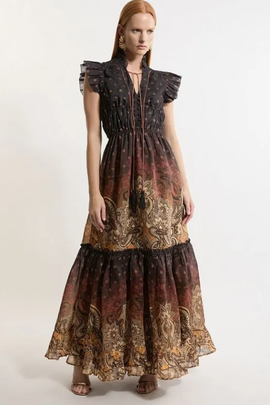 Karen Millen Petite Printed Paisley Print Cotton Woven Maxi Dress desertyellow Hot