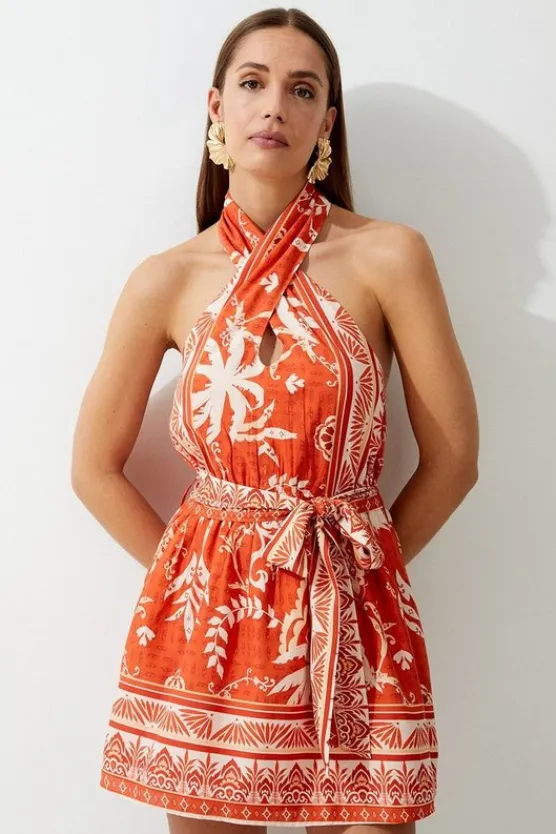 Karen Millen Petite Printed Viscose Cross Body Woven Mini Dress orange Hot