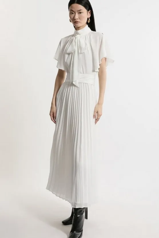Karen Millen Petite Pussy Bow Tie Georgette Belted Woven Midi Dress ivory Clearance