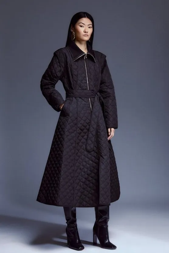 Karen Millen Petite Quilted Full Skirted Belted Midi Coat black Hot