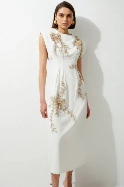 Karen Millen Petite Raffia Embroidered Linen Woven Midi Dress natural Best