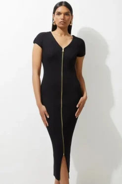 Karen Millen Petite Rib Knit Zip Through Midi Dress black New