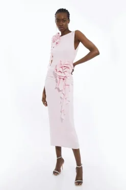 Karen Millen Petite Rose Print Drapey Crepe Jersey Midi Dress babypink Outlet