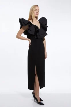 Karen Millen Petite Ruffle Ponte And Cotton Jersey Side Split Maxi Dress black Discount