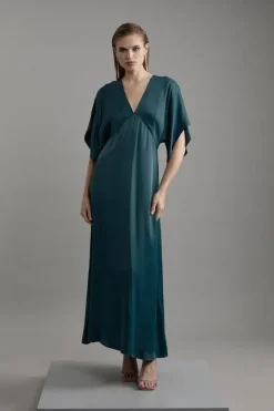 Karen Millen Petite Satin Angel Sleeve Woven Maxi Dress teal Online