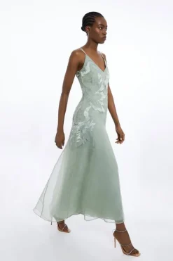 Karen Millen Petite Satin Applique Woven Maxi Dress sage Online