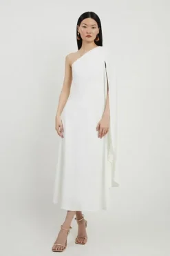Karen Millen Petite Satin Back Crepe One Shoulder Drape Sleeve Maxi Dress ivory Discount