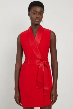 Karen Millen Petite Satin Back Crepe Sleeveless Tuxedo Tailored Wrap Mini Dress redorange Online