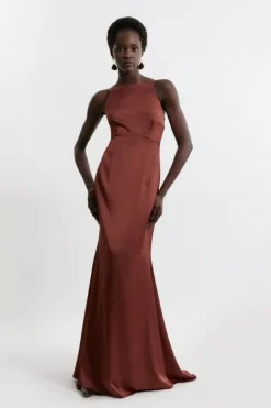 Karen Millen Petite Satin Crepe Column Woven Midi Maxi Dress chocolate Hot