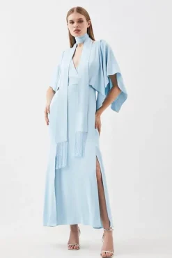 Karen Millen Petite Satin Crepe Tie Neck Woven Maxi Dress blue Clearance