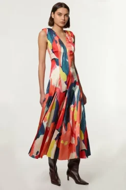 Karen Millen Petite Satin Print V Neck Woven Maxi Dress multi Hot