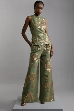 Karen Millen Petite Satin Sequin And Embroidery Woven Pants khaki Clearance