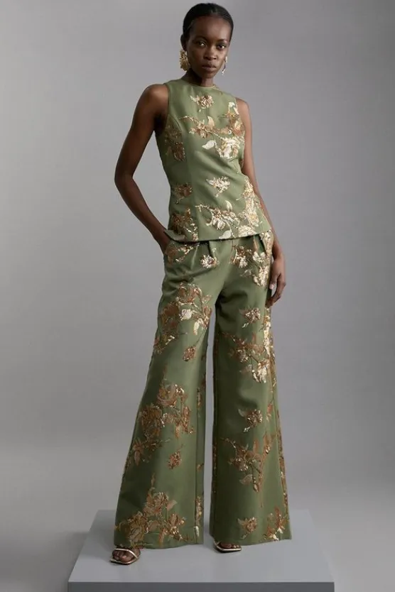 Karen Millen Petite Satin Sequin And Embroidery Woven Pants khaki Clearance