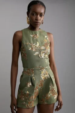 Karen Millen Petite Satin Sequin And Embroidery Woven Shorts khaki Sale