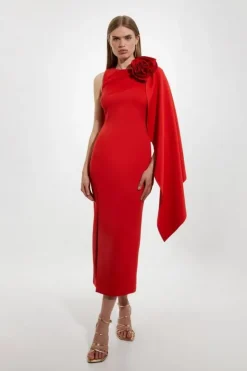 Karen Millen Petite Scuba Crepe Dramatic Rosette Woven Cape Midi Dress red Hot