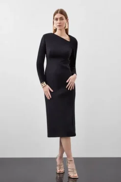 Karen Millen Petite Scuba Tailored Asymmetric Mesh Panels Maxi Dress black Fashion