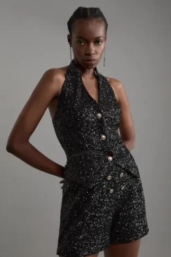 Karen Millen Petite Sequin Halter Neck Vest gunmetal New