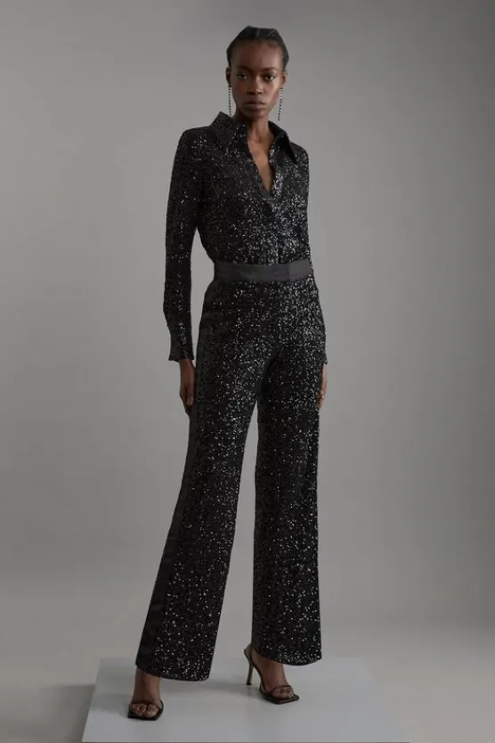 Karen Millen Petite Sequin High Waisted Wide Leg Pants black Best