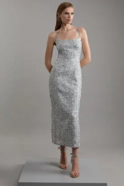 Karen Millen Petite Sequin Metallic Boucle Tailored Maxi Dress silver Sale