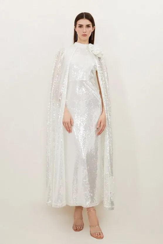 Karen Millen Petite Sequin Rosette Cape Maxi Dress ivory Hot
