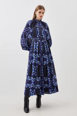 Karen Millen Petite Silk Cotton Border Print Woven Midi Dress blue Sale
