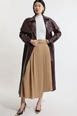 Karen Millen Petite Size Soft Tailored Crepe Belted Pleated Midi Skirt camel Sale