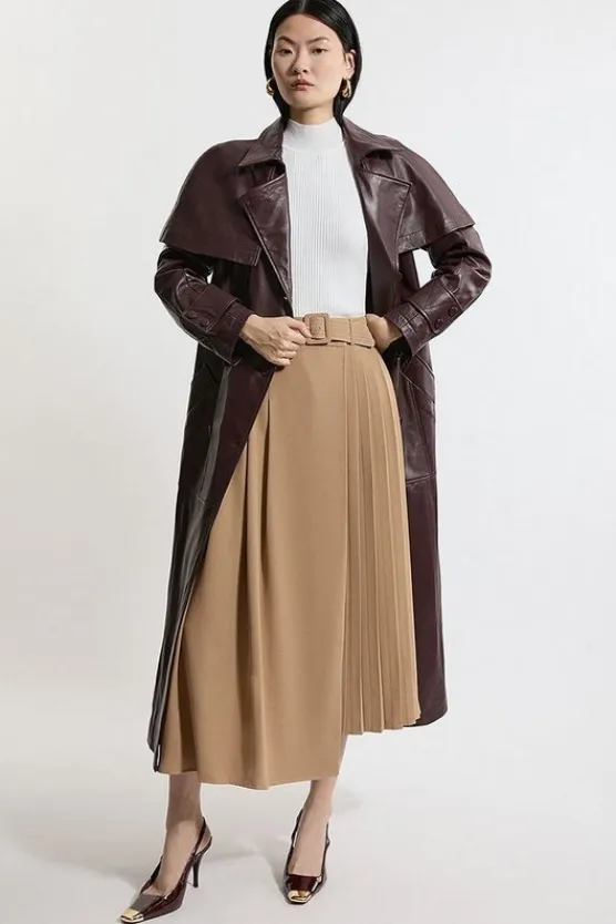 Karen Millen Petite Size Soft Tailored Crepe Belted Pleated Midi Skirt camel Sale