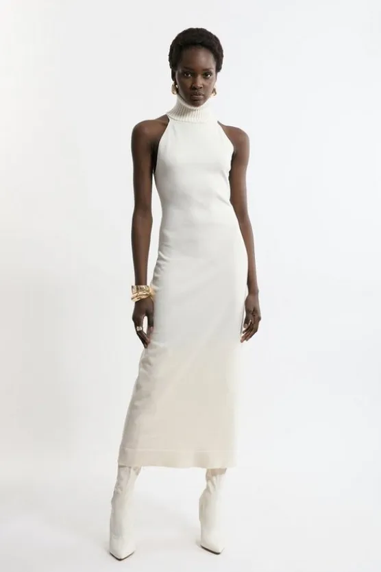 Karen Millen Petite Sleeveless Viscose Blend Turtleneck Knit Midaxi Dress ivory Discount