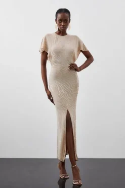 Karen Millen Petite Slinky Viscose Jacquard Knit Angel Sleeve Maxi Dress natural Best