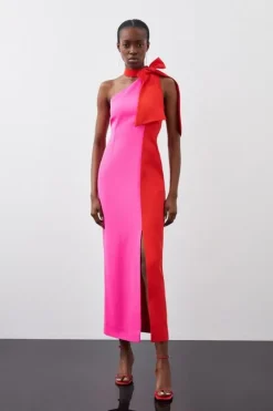 Karen Millen Petite Soft Tailored Color Block Tie Neck Midi Dress pink Sale