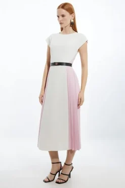 Karen Millen Petite Soft Tailored Contrast Pleated Panel Skirt Midi Dress multi Clearance