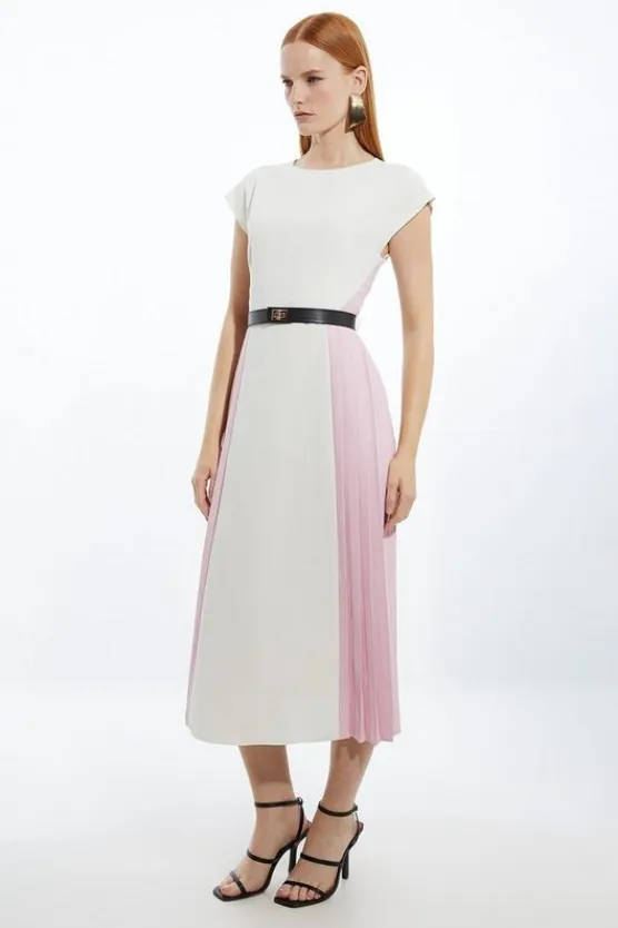 Karen Millen Petite Soft Tailored Contrast Pleated Panel Skirt Midi Dress multi Clearance
